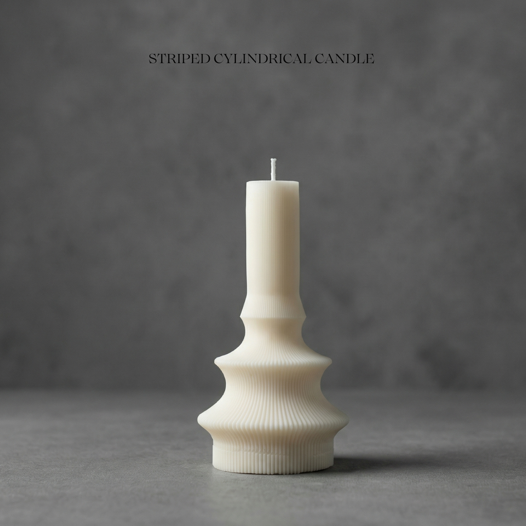 Striped cylindrical candle on a gray background with text 'Striped Cylindrical Candle'.
