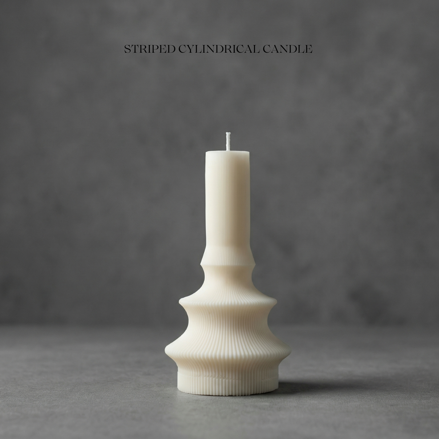 Striped cylindrical candle on a gray background with text 'Striped Cylindrical Candle'.