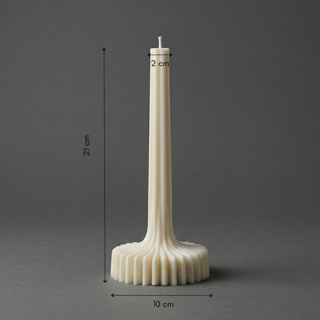 White candle holder with measurements on a gray background