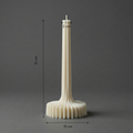 White candle holder with measurements on a gray background