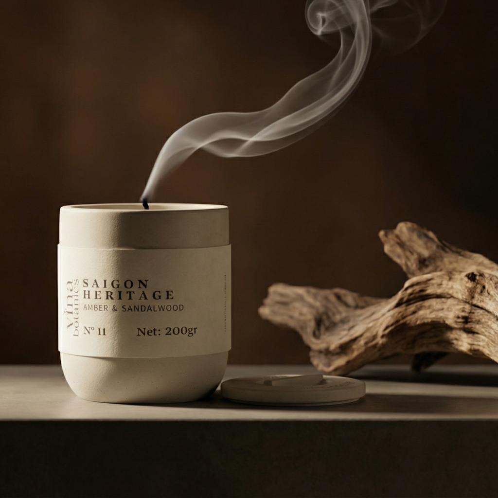 Candle with 'Saigon Heritage' branding on a dark background
