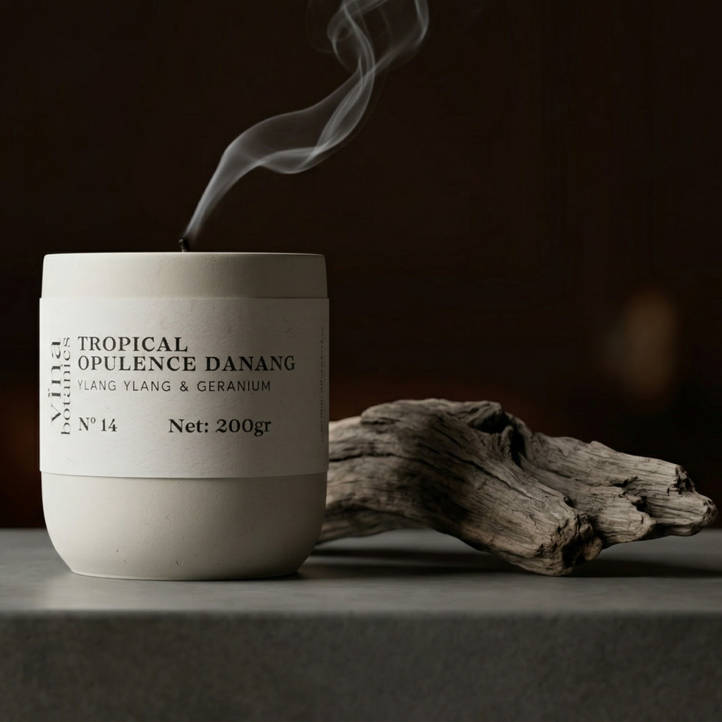 Candle labeled 'Tropical Opulence Danang' with smoke rising, placed on a dark surface.