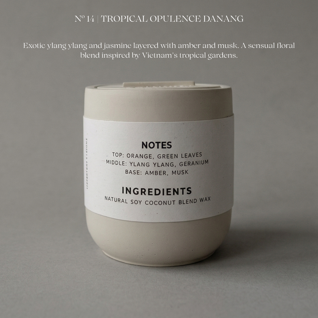 Candle with a label on a gray background