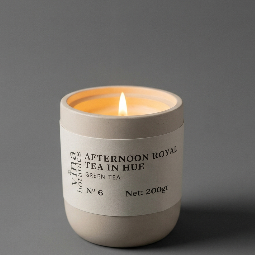 Candle in a white container labeled 'Afternoon Royal Tea in Hue' on a gray background