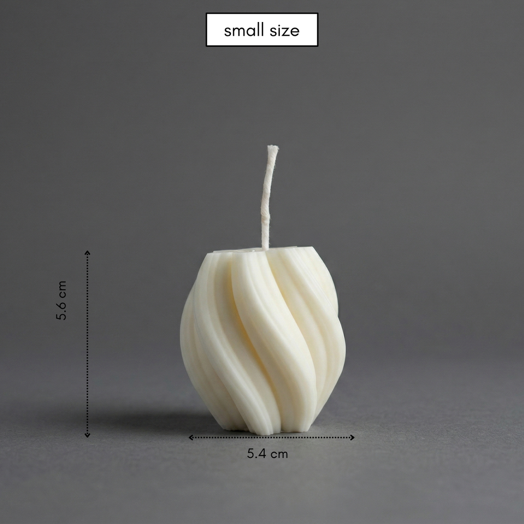 Small white candle with dimensions on a gray background
