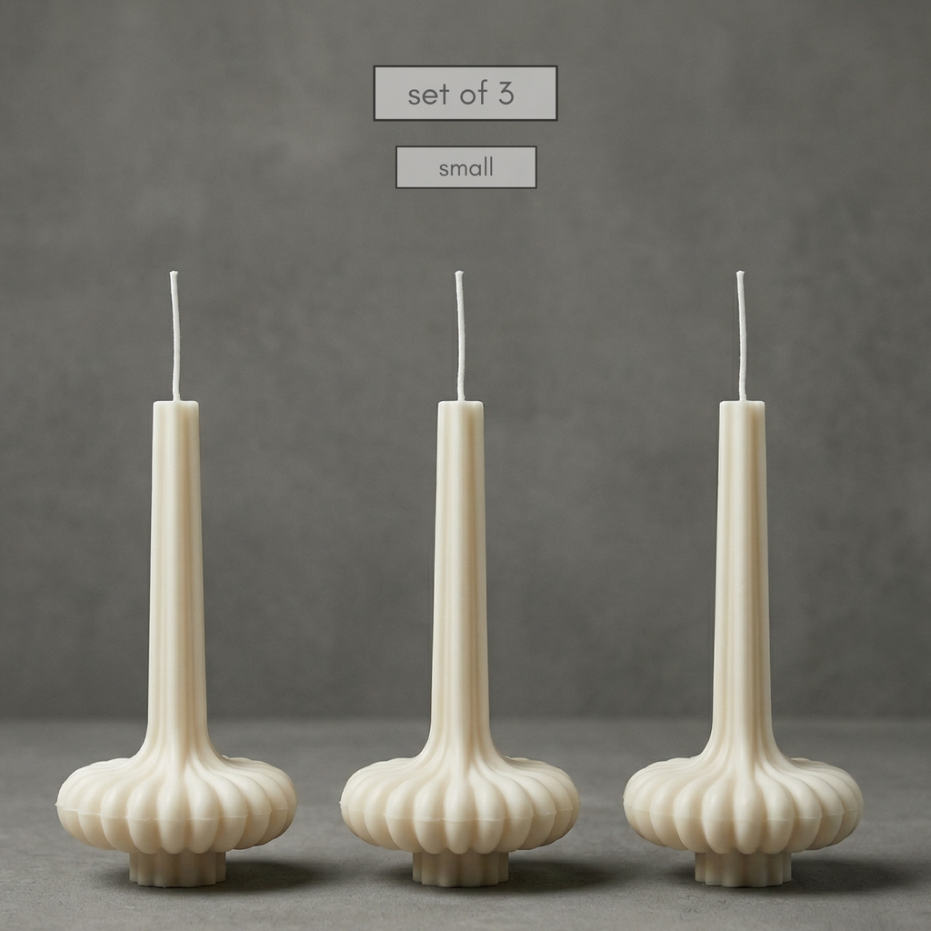 Three small ribbed candles on a gray background with text 'set of 3' and 'small'.