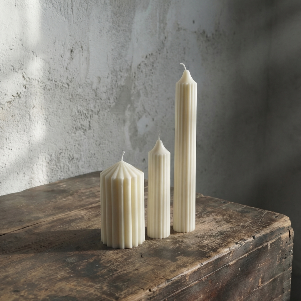 Three white candles of different shapes on a wooden surface with a textured wall background