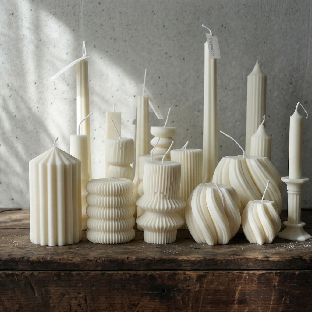 Assorted white candles on a wooden surface with a textured wall background